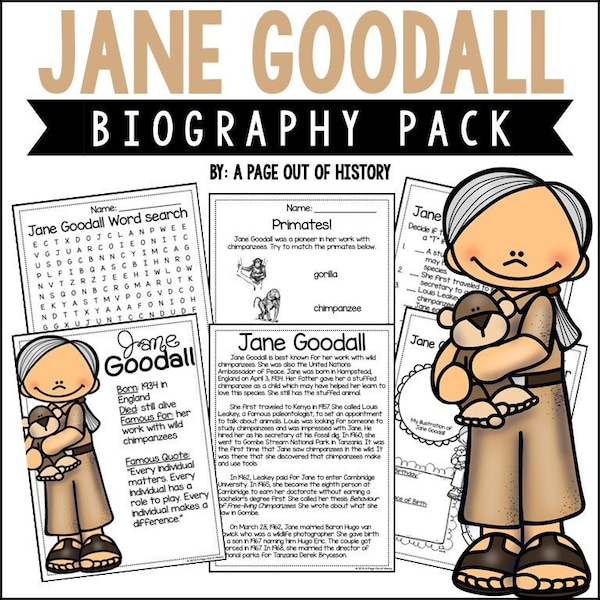 Jane Goodall Biography Unit Pack | 3-5 | Homeschool | Social Studies Printable Worksheets | Social Studies | Womens History Month