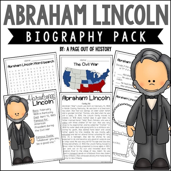 Abraham Lincoln Biography Unit Pack | 3-5 | Homeschool | Social Studies Printable Worksheets | Social Studies | US Presidents