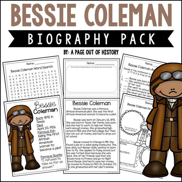 Bessie Coleman Biography Unit Pack | 3-5 | Homeschool | Social Studies Printable Worksheets | Social Studies | Black History Month