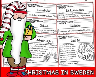 May include: A colourful worksheet with illustrations of a Father Christmas character and Christmas traditions in Sweden. The worksheet includes the text "Christmas in Sweden" and the names of different Swedish Christmas traditions, such as "Lussebullar", "Julbock", "St. Lucia's Day", "Julskinka", "Advent Lights", and "God Jul".