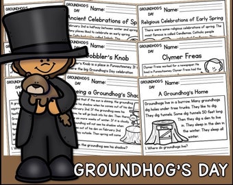 May include: A set of printable worksheets for children about Groundhog Day. The worksheets feature illustrations of a groundhog, a tree, and a burrow. The text on the worksheets includes the words "Groundhog's Day", "Ancient Celebrations of Spring", "Religious Celebrations of Early Spring", "Cobbler's Knob", "Clymer Freas", "Being a Groundhog's Shadow", and "A Groundhog's Home".