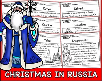 May include: A colourful printable worksheet with illustrations of a Russian Santa Claus, a Christmas tree, and a traditional Russian church. The worksheet includes text about Christmas traditions in Russia, including the names of traditional foods and characters like Babushka and Snegurochka.
