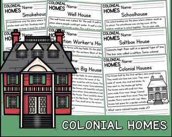 K-2 Reading Comprehension Worksheets, Colonial Homes Passages for Homeschool, Kids Educational Activity, Social Studies, Digital Download