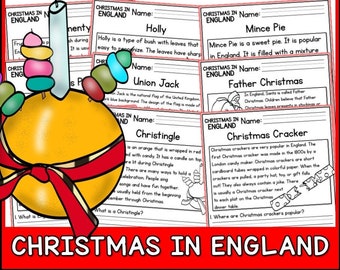 Puede incluir: Una hoja de trabajo colorida con ilustraciones y texto sobre las tradiciones navideñas en Inglaterra. La hoja de trabajo incluye información sobre el acebo, el pastel de carne picada, Papá Noel, los crackers navideños y la bandera de la Unión Jack. La hoja de trabajo está diseñada para la comprensión lectora de 1º a 2º de primaria.