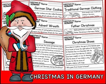 May include: A colourful illustration of Father Christmas with a sack of presents. The illustration is surrounded by text boxes with information about Christmas traditions in Germany, including German star cookies, Advent wreaths, sausage, traditional clothing, Father Christmas, and Christmas shoes.