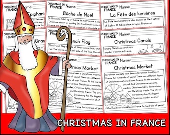 May include: A colourful worksheet with illustrations and text about Christmas traditions in France. The worksheet includes information about the French flag, Christmas markets, Christmas carols, and the "Bûche de Noël" dessert.