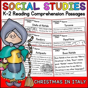 Könnte beinhalten: Ein farbenfrohes, druckbares Arbeitsblatt mit Illustrationen einer Frau, die einen Besen hält, und Text über Weihnachtsbräuche in Italien. Der Text enthält die Namen traditioneller italienischer Weihnachtsgerichte wie Stella di Natale, Torrone, Pandoro, Panettone und Antipasto. Das Arbeitsblatt enthält auch den italienischen Ausdruck "Buon Natale" und erklärt seine Bedeutung.