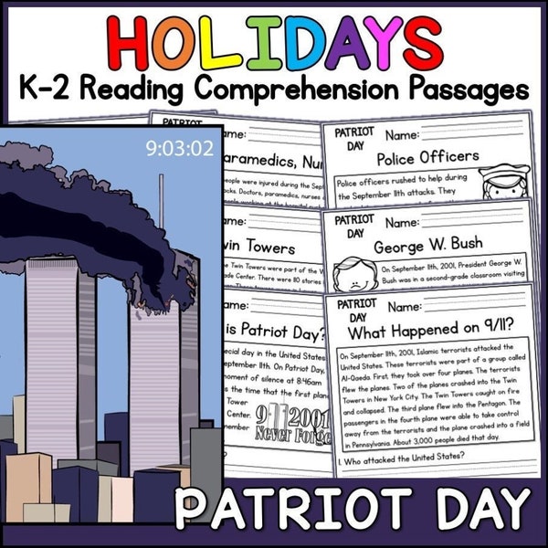 September 11th (9/11) Patriot Day Holidays Reading Comprehension Passages | K-2 | Homeschool | Social Studies Printable Worksheets
