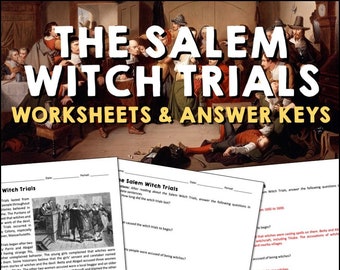May include: A set of printable worksheets and answer keys about the Salem Witch Trials. The worksheets feature a black and white illustration of a courtroom scene with people in period clothing. The text on the worksheets includes the title "The Salem Witch Trials" and questions about the trials.