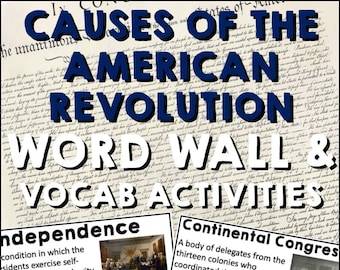 Causes of the American Revolution Word Wall, History Lesson Plans for Homeschool and Classroom, Questions with Answers, Kids Activity Ebook