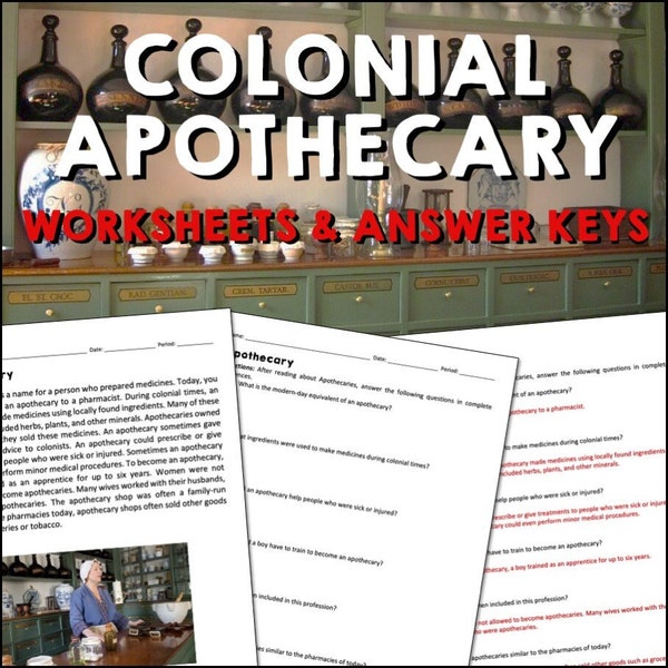 Colonial Apothecary Reading Worksheets and Answer Keys | 6-12 | Homeschool | American History Printable Worksheets | Colonial America Lesson