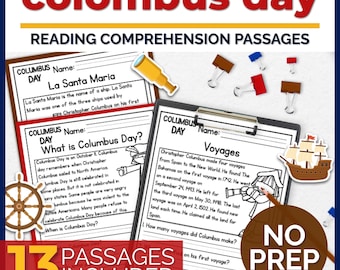 May include: Educational reading comprehension worksheets for Columbus Day featuring text passages, a ship illustration, a ship's wheel, and a telescope. The pages include questions, lines for student names, and the text 13 PASSAGES INCLUDED and NO PREP.
