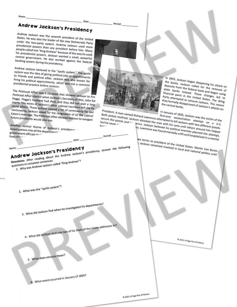 Andrew Jackson's Presidency Age of Jackson Reading Worksheet & Answer ...