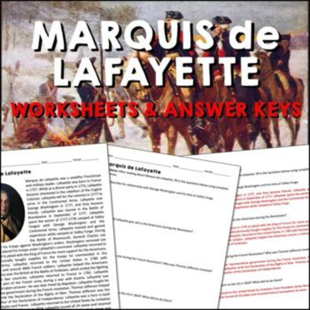 Marquis De Lafayette American Revolution Reading Worksheets & Answer ...