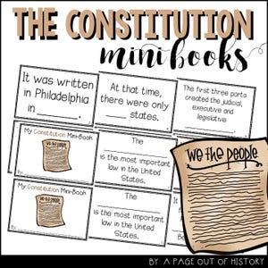 May include: Black and white printable mini-book templates for teaching about the US Constitution. The cover features the text "We the People" and the title "My Constitution Mini-Book".