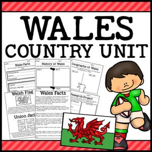 May include: A black and white printable worksheet for a country unit study about Wales. The worksheet includes sections for Wales facts, history, geography, and a research project. The worksheet also includes images of the Welsh flag and the Union Jack.