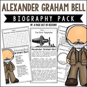 May include: A biography pack featuring Alexander Graham Bell, including a word search, information on the first telephone, and a biography. The pack includes illustrations of Alexander Graham Bell and text by "A Page Out of History."