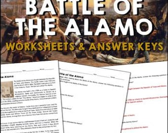 May include: Worksheets titled "Battle of the Alamo" with the text "Worksheets & Answer Keys." The worksheets contain text and images about the historical event, with a background image of a battle scene.