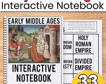 Può includere: Un quaderno interattivo sull'Alto Medioevo con rilegatura a spirale. La copertina presenta un'illustrazione storica di figure in abiti medievali vicino a una torre di pietra. La pagina interna mostra del testo sui Franchi e l'Impero.