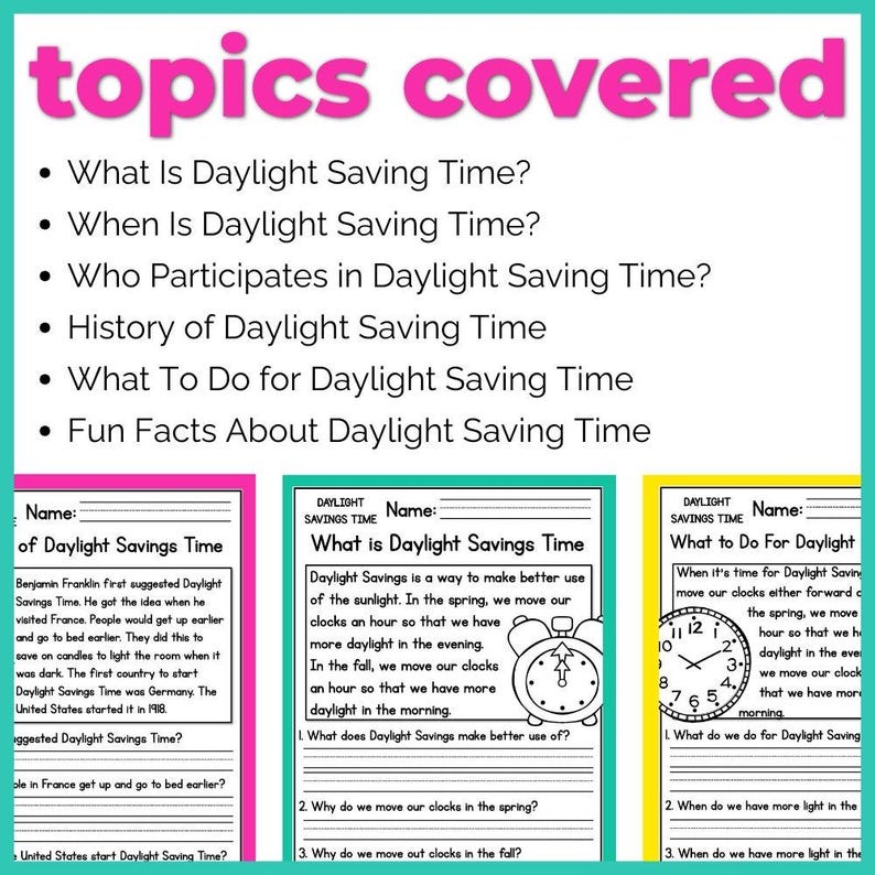 Daylight Saving Time Reading Comprehension Worksheets, Homeschool ...