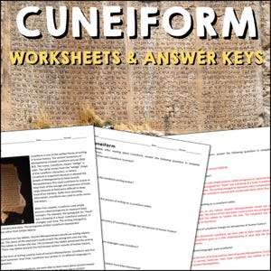 Puede incluir: Un conjunto de hojas de trabajo en blanco y negro con el título "Cuneiform Worksheets & Answer Keys". Las hojas de trabajo tratan sobre la historia de la escritura cuneiforme, una forma de escritura antigua utilizada en Mesopotamia. Las hojas de trabajo incluyen imágenes de tablillas cuneiformes y texto sobre la historia de la escritura cuneiforme.