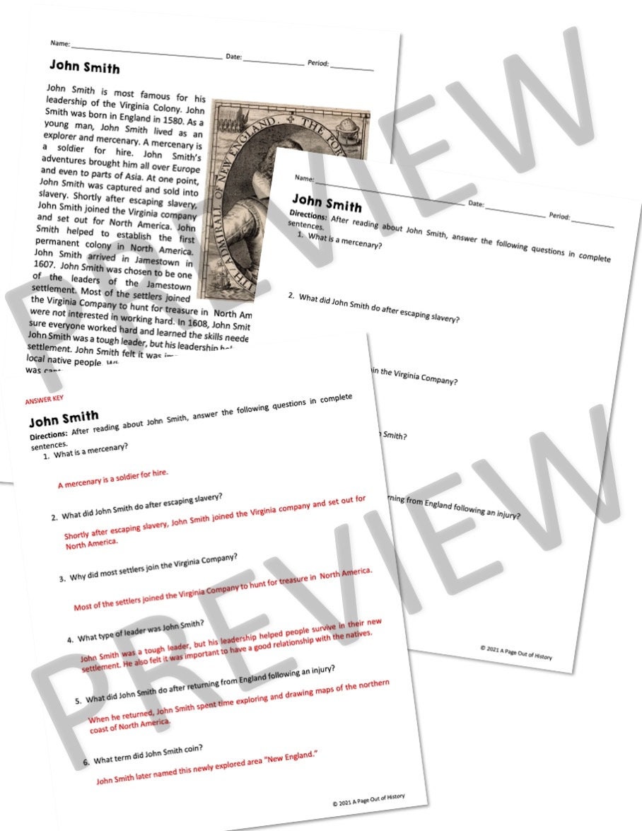 John Smith Reading Worksheets and Answer Keys | 6-12 | Homeschool ...