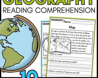 May include: A geography reading comprehension worksheet set featuring a large illustration of a globe on the left and a printed page titled Map on the right. The text explains maps and includes three numbered questions with blank lines for student answers.