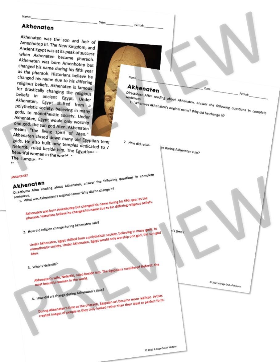 Akhenaten Pharaoh Ancient Egypt Reading Worksheets and Answer Keys - Etsy