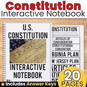 May include: A spiral-bound U.S. Constitution interactive notebook with a white cover featuring the text U.S. CONSTITUTION INTERACTIVE NOTEBOOK and an image of the Constitution document. A second page shows a list of topics including Articles of Confederation.