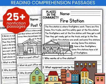 Reading Comprehension Worksheets, Places in the Community Passages & Questions, Social Studies Lesson Plan, Homeschool Kids Activities Pages
