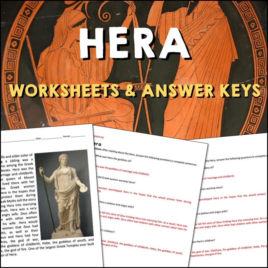 Hera Greek Mythology Reading Comprehension Worksheets and Answer Keys ...