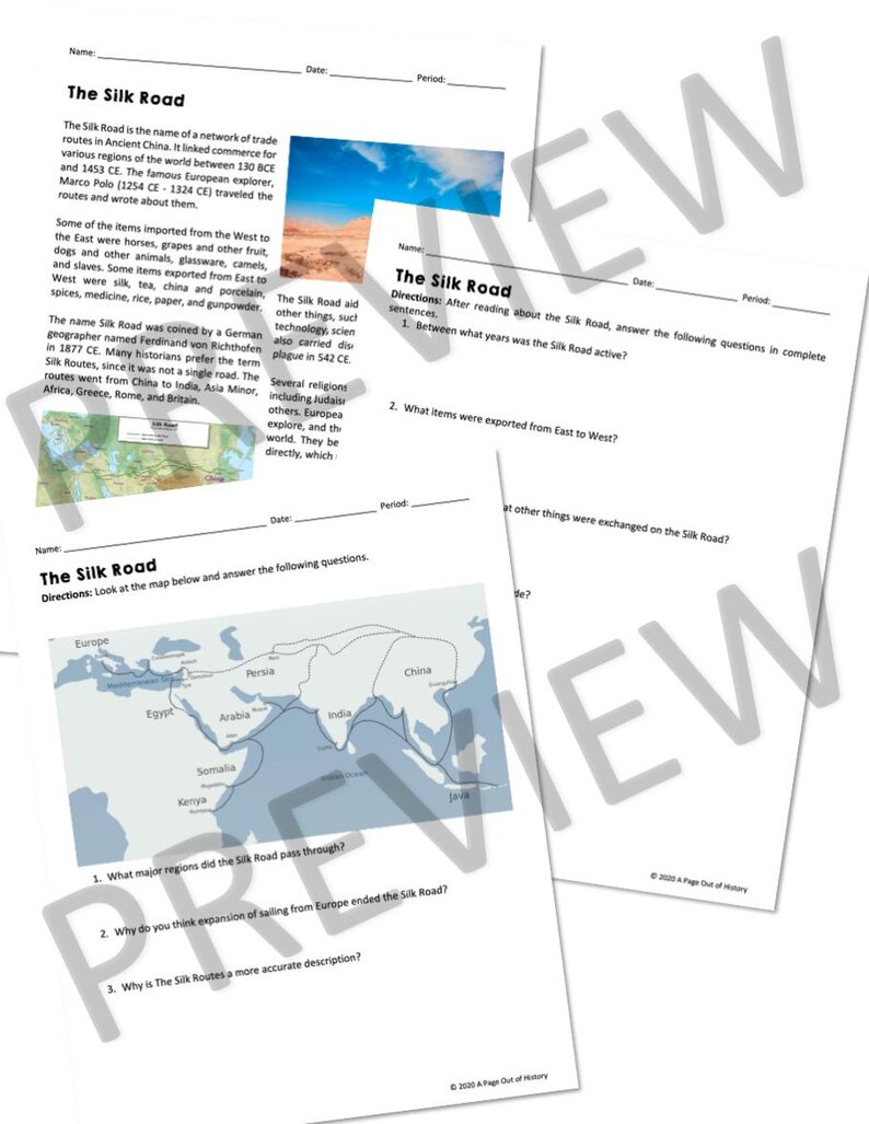 The Silk Road Reading Comprehension Worksheet, Social Studies ...