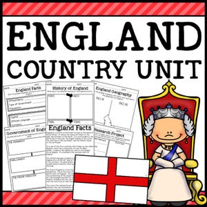 May include: Black and white printable worksheets for a country unit about England. The worksheets include sections for facts, history, geography, and a research project. There is also a cartoon image of the Queen of England.