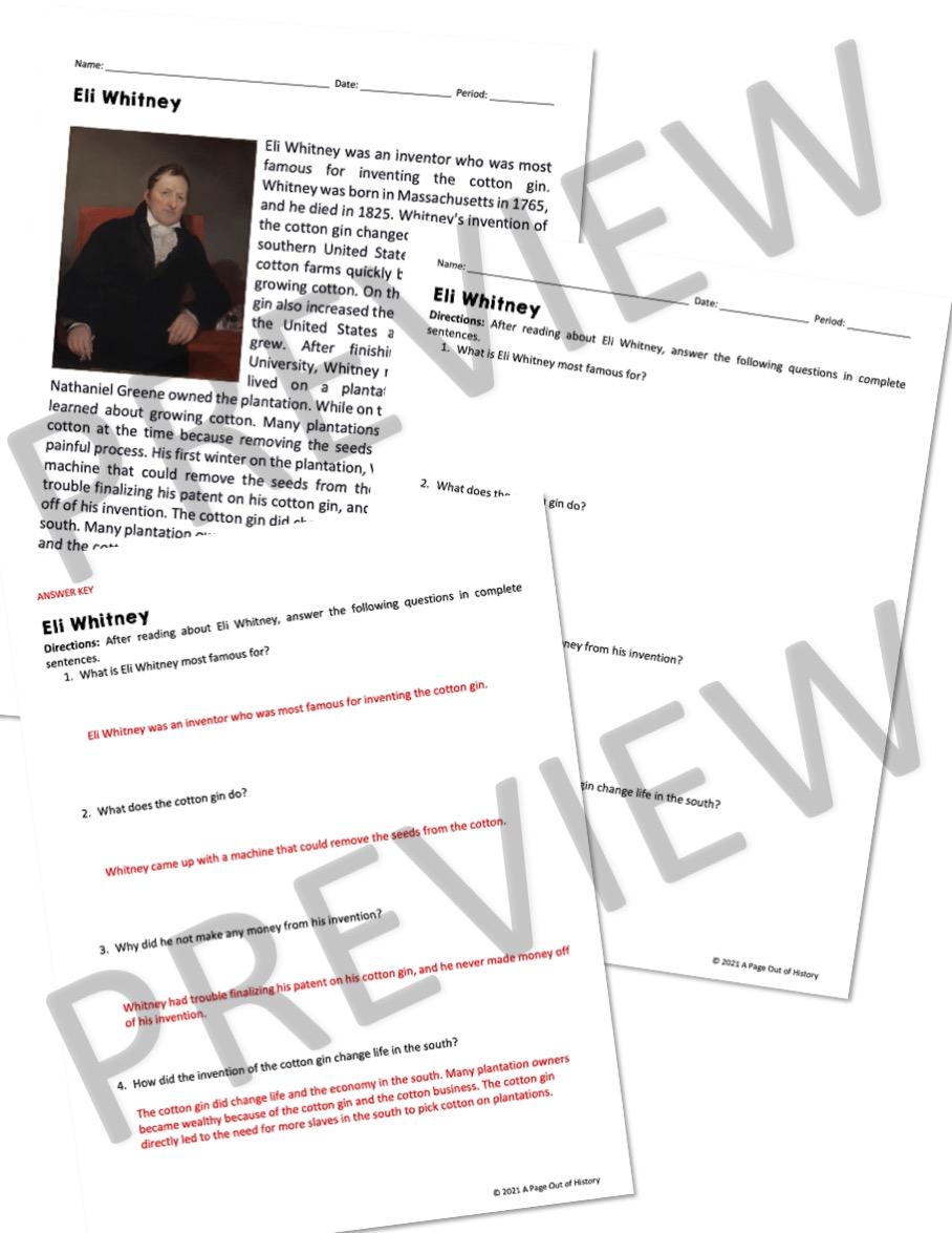 Eli Whitney Reading Comprehension Worksheets and Answer Key, Industrial ...