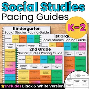 May include: A set of spiral-bound Social Studies Pacing Guides for Kindergarten, 1st Grade, and 2nd Grade. Each document features a grid layout with color-coded columns for core topics like Civics, History, Geography, and Economics by quarter.