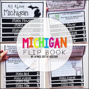 Pode incluir: Um livro interativo sobre Michigan para crianças. A capa é em preto e branco com as palavras "All About Michigan" e um mapa de Michigan. As páginas interiores têm ilustrações coloridas e texto sobre a flor, o pássaro, o animal, a bandeira e o mapa do estado. O livro é projetado para ser interativo e divertido para as crianças aprenderem sobre Michigan.