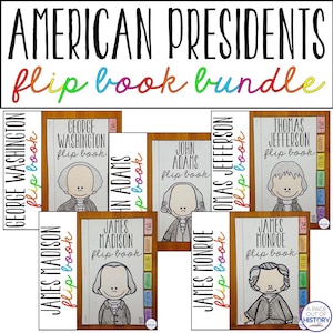 May include: A collection of educational flip books about American Presidents. The title "AMERICAN PRESIDENTS flip book bundle" is in black and rainbow colours. Each flip book cover displays a portrait of a president, including George Washington, John Adams, and Thomas Jefferson.