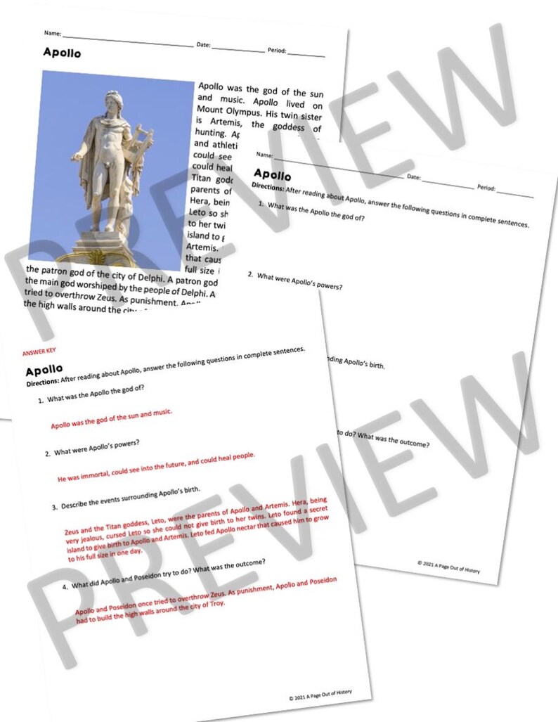 Apollo Greek Mythology Reading Comprehension Worksheet, Homeschool ...
