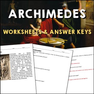 May include: Black and white illustration of a worksheet for a lesson about Archimedes, a famous Greek mathematician. The worksheet includes questions about his life and career. The image also includes a painting of Archimedes.