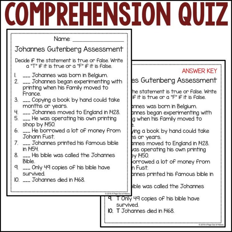 Johannes Gutenberg Reading Comprehension Passage, Homeschool Fluency ...