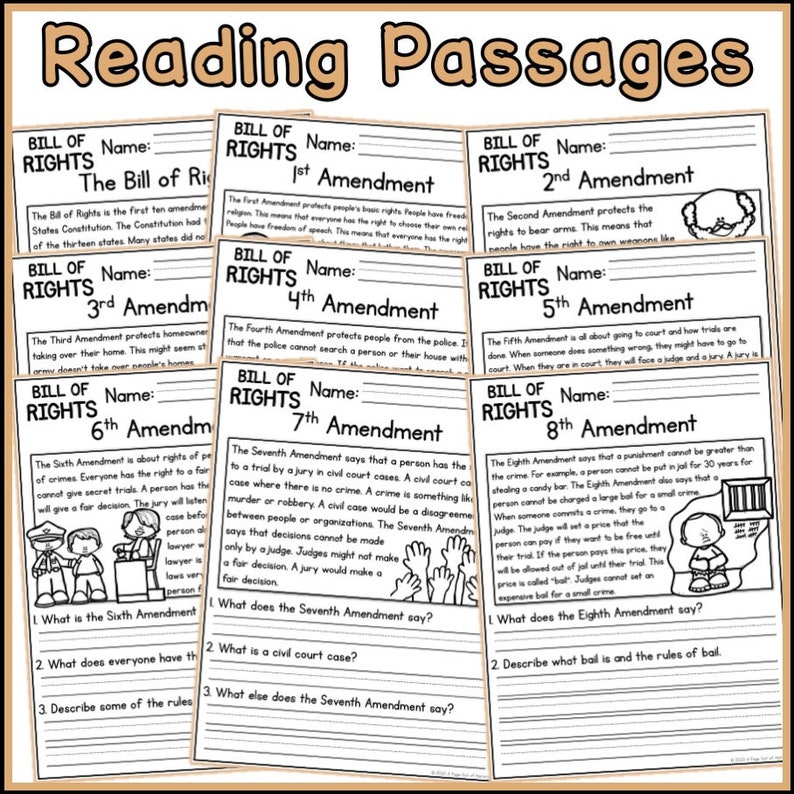 Bill of Rights Reading Comprehension Passages | K-2 | Homeschool ...