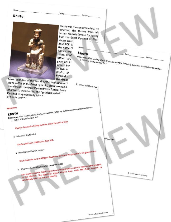 Khufu Pharaoh Ancient Egypt Reading Practice Worksheets and Answer Keys ...