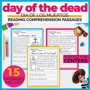 May include: Educational resource for Day of the Dead. The image features reading comprehension passages with the text "Day of the Dead" and "Dia de los Muertos." Includes passages on the altar, bread, and the holiday's origins. Also includes a pink pen and yellow pencil.