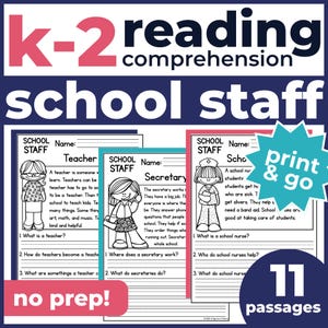 K-2 Reading Practice 1st 2nd Grade | School Staff Passages & Questions | Homeschool, Classroom | No-Prep Printable | Fluency