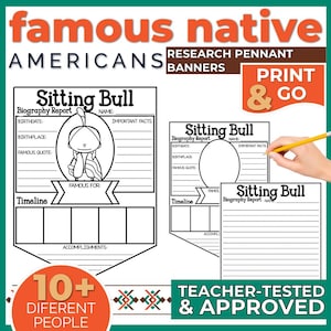 May include: Black and white printable research pennant banners for famous Native Americans. The design includes a biography report template with sections for birthdate, birthplace, and famous quote. The text includes "Sitting Bull" and "Print & Go".