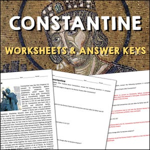 May include: Black and white worksheets with the title "Constantine Worksheets & Answer Keys". The worksheets feature a mosaic image of Constantine, the first Roman Emperor to convert to Christianity. The worksheets include questions about Constantine's life and the Roman Empire.
