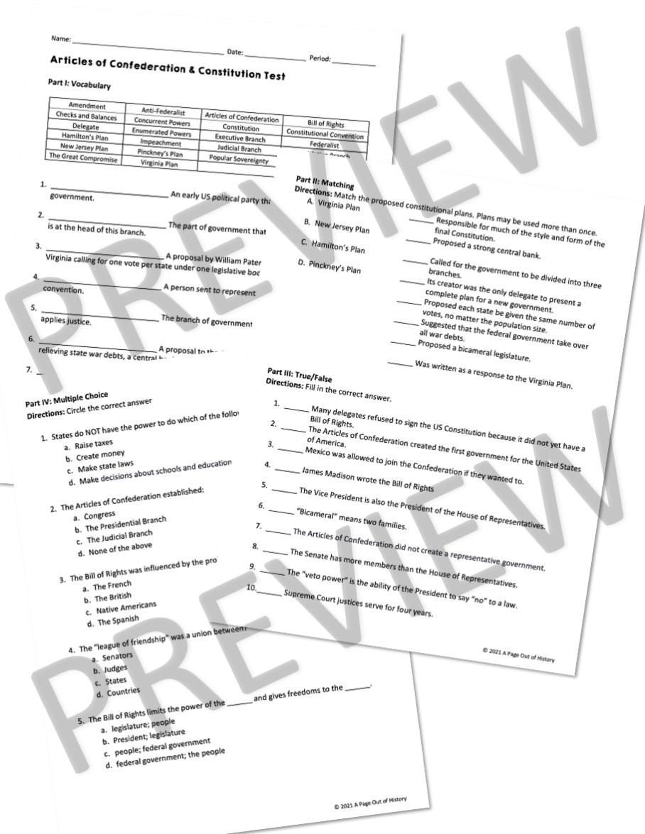 Articles of Confederation US Constitution Test and Answer Key ...