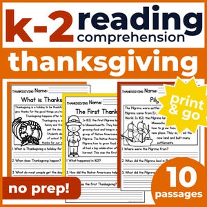 K-2 Reading Practice Worksheets, Thanksgiving Passages, Stories with Questions, Homeschool Activity Pages for First & Second Grade Students