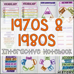 May include: A colourful interactive notebook for teaching about the 1970s and 1980s. The notebook includes vocabulary words, timelines, and diagrams. The cover features the text "1970s & 1980s Interactive Notebook".