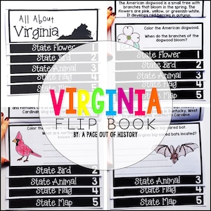 May include: A colorful Virginia flip book with sections for the state flower, bird, animal, flag, and map. Includes illustrations of a cardinal and a bat, and text about the American dogwood.